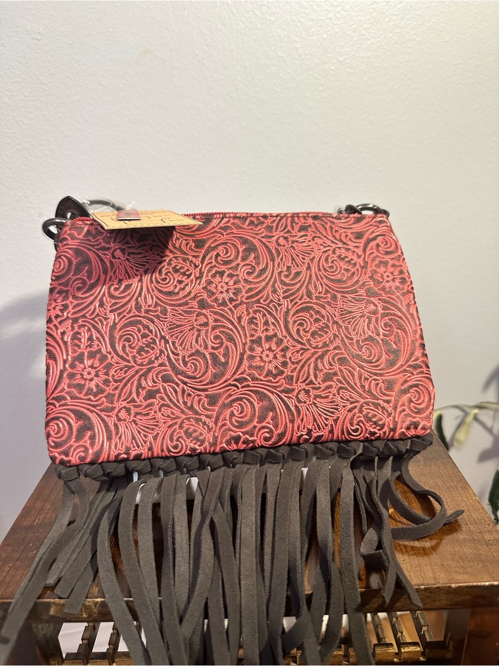 Justin Boots fringe wristlet shoulder bag convertible nwt red and brown